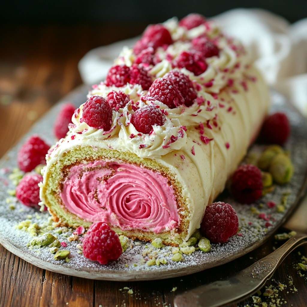 Gâteau roulé à la pistache garni de crème de framboises, décoré de pistaches concassées et framboises fraîches, montrant une spirale rose et verte