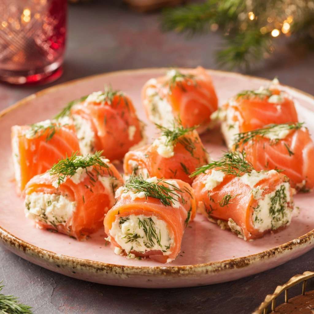 Roulés de saumon fumé garnis de fromage frais et d’aneth, découpés en bouchées et disposés sur un plat de service