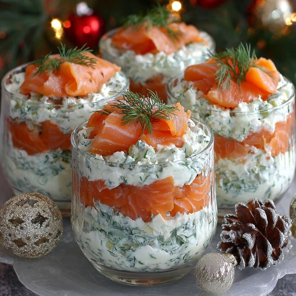 Verrines superposées au saumon fumé et fromage frais à l’aneth, décorées de brins d’aneth et servies bien fraîches