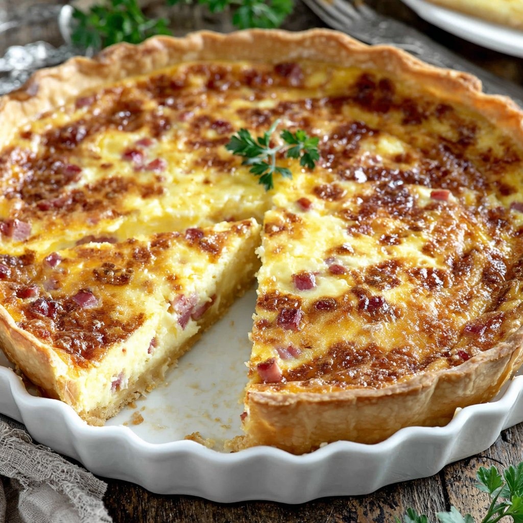 Part de quiche jambon fromage dorée et gratinée, servie dans un moule à tarte avec une garniture crémeuse au jambon et fromage