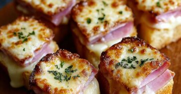 Plateau de mini croque-monsieur en cubes gratinés avec fromage doré