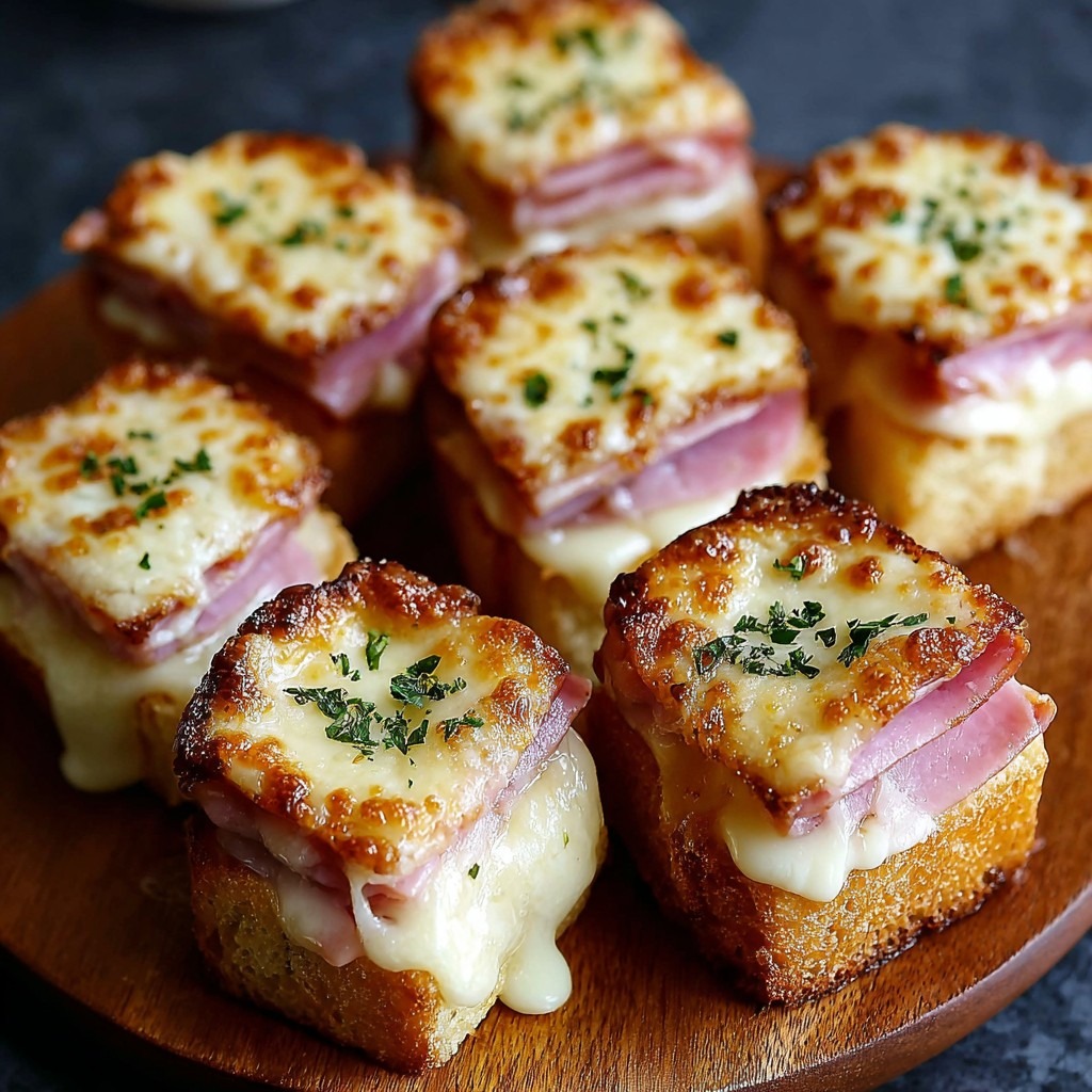 Plateau de mini croque-monsieur en cubes gratinés avec fromage doré