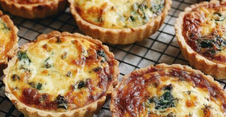 Mini quiches dorées aux épinards et fromage cuites au four, disposées sur une assiette, avec pâte croustillante et garniture crémeuse aux herbes