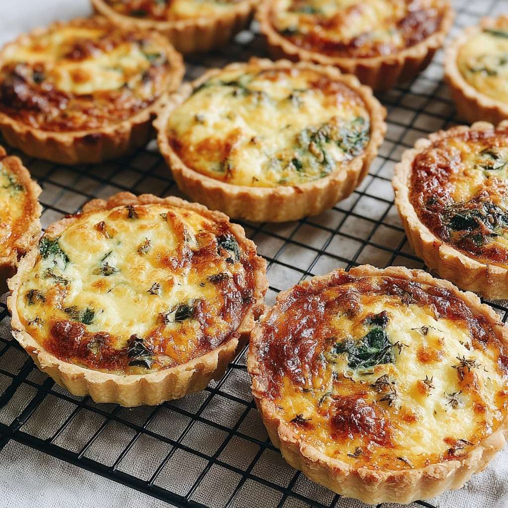 Mini quiches dorées aux épinards et fromage cuites au four, disposées sur une assiette, avec pâte croustillante et garniture crémeuse aux herbes