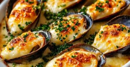Moules gratinées au gruyère suisse dans leur coquille, dorées sous le gril avec persil frais et cumin torréfié, servies chaudes dans un plat au four