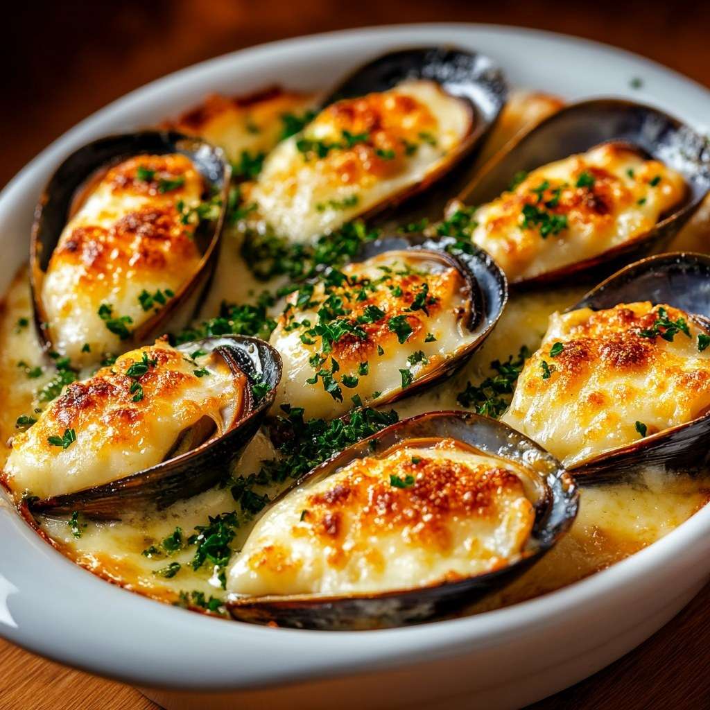 Moules gratinées au gruyère suisse dans leur coquille, dorées sous le gril avec persil frais et cumin torréfié, servies chaudes dans un plat au four