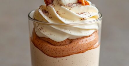 Mini verrines garnies de mousse aux spéculoos et chantilly vanillée, décorées de biscuits spéculoos et d’un léger voile de cacao