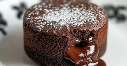 Moelleux au chocolat individuel coupé en deux laissant apparaître un cœur coulant fondant, servi sur assiette avec sucre glace