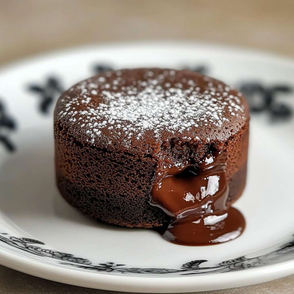 Moelleux au chocolat individuel coupé en deux laissant apparaître un cœur coulant fondant, servi sur assiette avec sucre glace