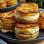 Millefeuille de pommes de terre doré et croustillant avec fromage fondant entre les couches, servi en portion individuelle sur une assiette