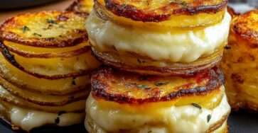 Millefeuille de pommes de terre doré et croustillant avec fromage fondant entre les couches, servi en portion individuelle sur une assiette