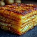 Plat de Pommes Anna croustillantes découpées en parts nettes, montrant de fines couches régulières de pommes de terre dorées et beurrées