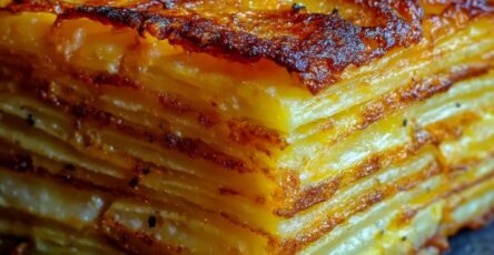 Plat de Pommes Anna croustillantes découpées en parts nettes, montrant de fines couches régulières de pommes de terre dorées et beurrées