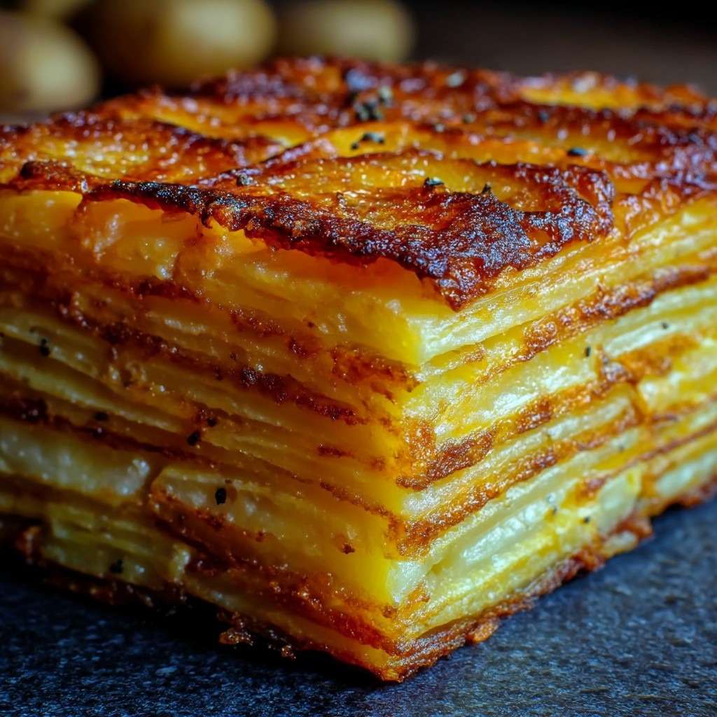 Plat de Pommes Anna croustillantes découpées en parts nettes, montrant de fines couches régulières de pommes de terre dorées et beurrées