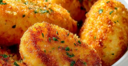 Croquettes de pommes de terre dorées et croustillantes, posées sur une assiette avec une texture fondante à l’intérieur et une panure régulière