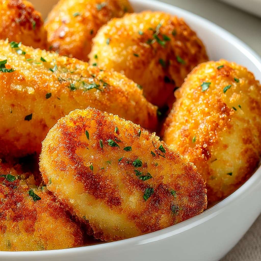 Croquettes de pommes de terre dorées et croustillantes, posées sur une assiette avec une texture fondante à l’intérieur et une panure régulière