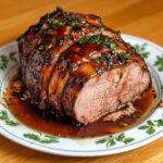 Rôti de porc caramélisé au miel et sauce soja, tranché et nappé de jus brillant, accompagné d’oignons fondants et d’herbes fraîches dans un plat de service