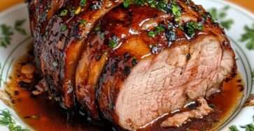 Rôti de porc caramélisé au miel et sauce soja, tranché et nappé de jus brillant, accompagné d’oignons fondants et d’herbes fraîches dans un plat de service