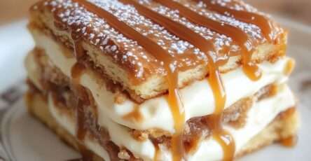 Mille-feuille au caramel composé de couches de pâte feuilletée dorée et de crème caramel, nappé de caramel au beurre salé et saupoudré de sucre glace