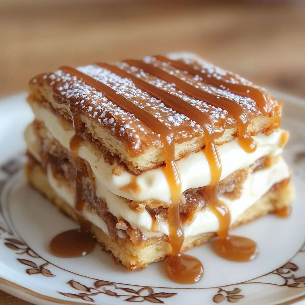 Mille-feuille au caramel composé de couches de pâte feuilletée dorée et de crème caramel, nappé de caramel au beurre salé et saupoudré de sucre glace