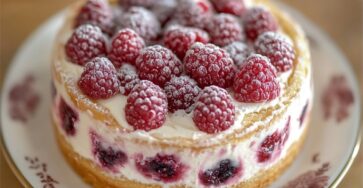 Gâteau aux framboises façon fête décoré de crème au mascarpone et de framboises fraîches sur le dessus, présenté sur un plat de service