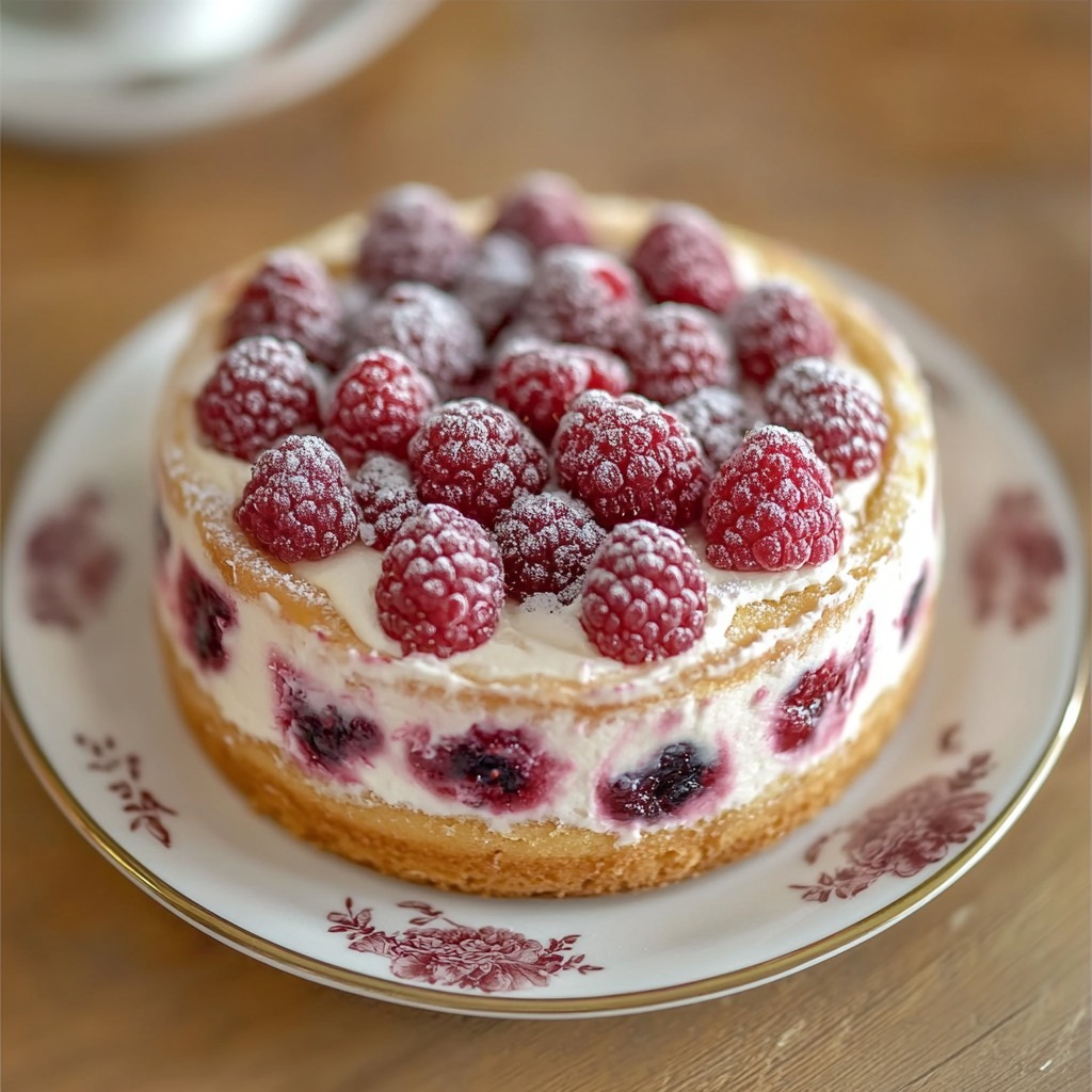 Gâteau aux framboises façon fête décoré de crème au mascarpone et de framboises fraîches sur le dessus, présenté sur un plat de service
