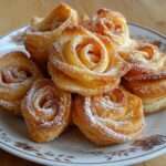 Roses de pommes feuilletées dorées disposées dans des moules, avec fines lamelles de pommes caramélisées et pâte croustillante saupoudrée de sucre glace