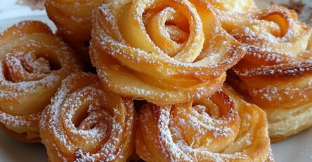 Roses de pommes feuilletées dorées disposées dans des moules, avec fines lamelles de pommes caramélisées et pâte croustillante saupoudrée de sucre glace