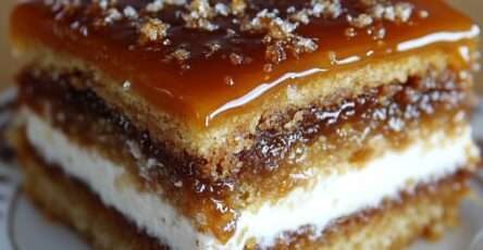 Gâteau caramel en couches avec base moelleuse, crème blanche au fromage frais et nappage caramel brillant sur le dessus, présenté en parts