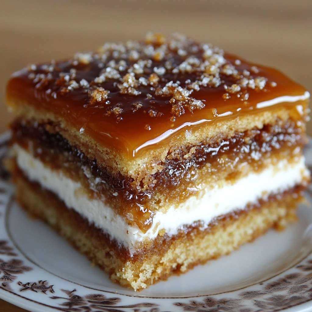Gâteau caramel en couches avec base moelleuse, crème blanche au fromage frais et nappage caramel brillant sur le dessus, présenté en parts