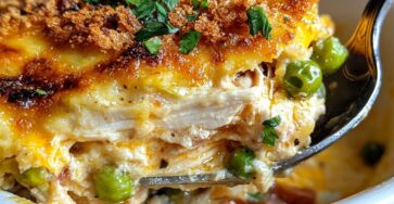 Plat de gratin express de volaille doré au four avec pommes de terre, petits pois, fromage râpé et chapelure croustillante, servi chaud dans un plat à gratin