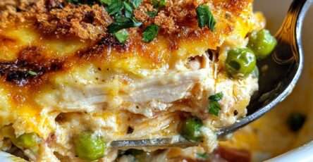 Plat de gratin express de volaille doré au four avec pommes de terre, petits pois, fromage râpé et chapelure croustillante, servi chaud dans un plat à gratin