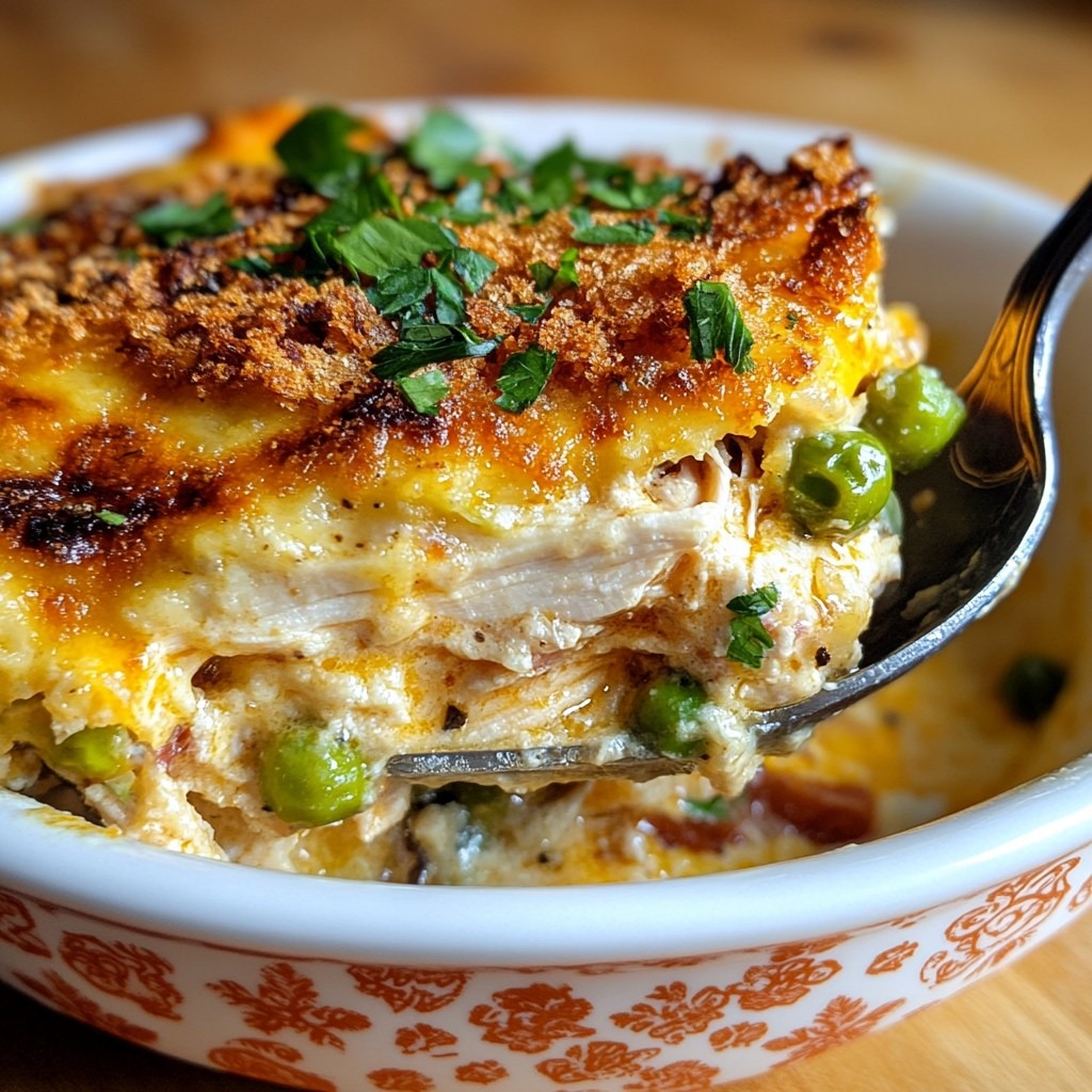 Plat de gratin express de volaille doré au four avec pommes de terre, petits pois, fromage râpé et chapelure croustillante, servi chaud dans un plat à gratin