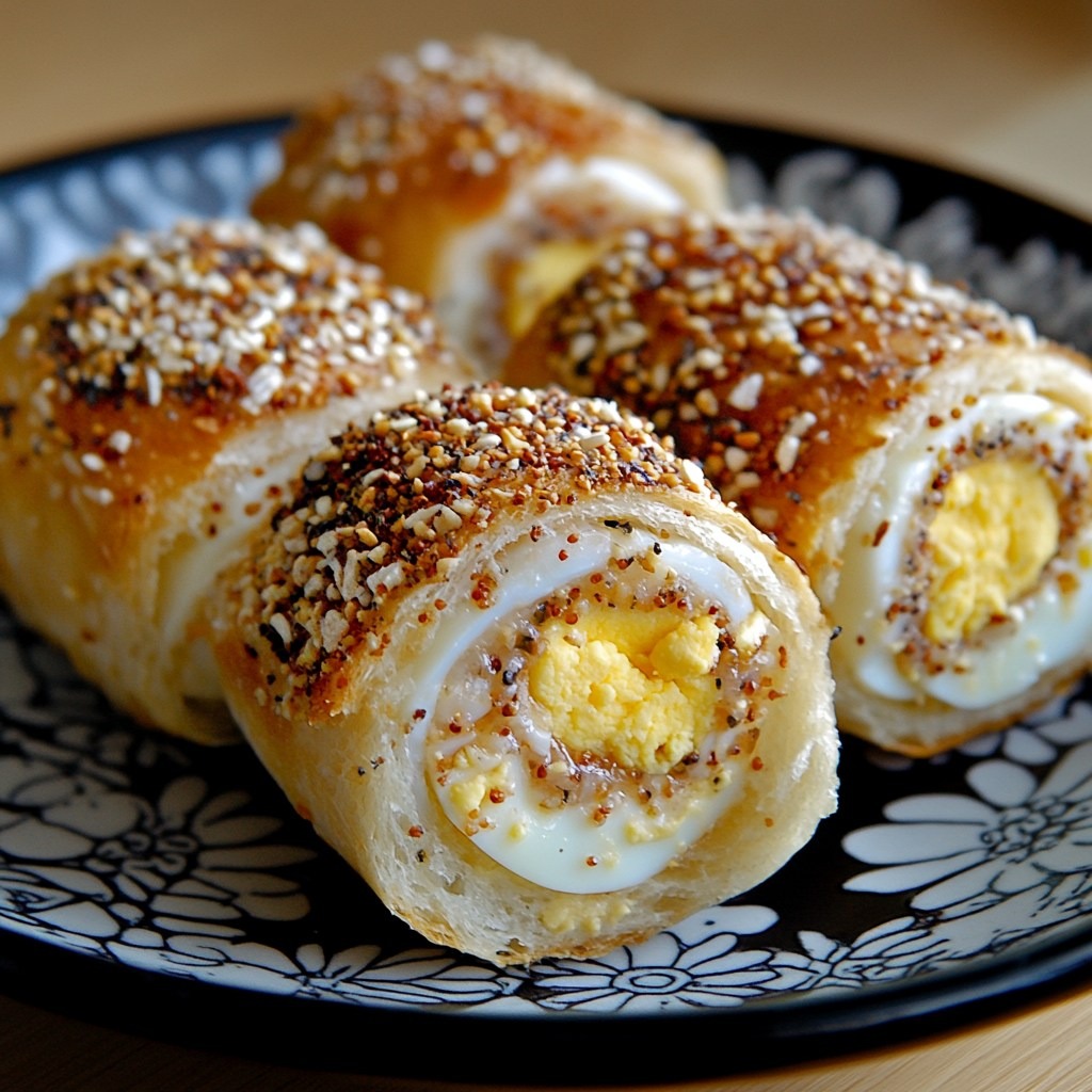 Roulés de pain garnis à l’œuf, dorés au four et roulés dans des graines de sésame, présentés en tranches montrant l’œuf dur au centre