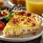 Quiche lardons et fromage dorée au four, découpée en parts égales, avec pâte croustillante et garniture crémeuse sur une assiette