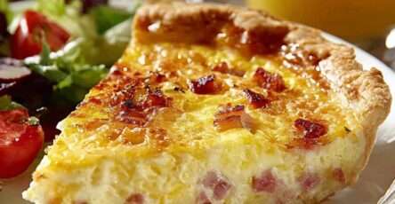 Quiche lardons et fromage dorée au four, découpée en parts égales, avec pâte croustillante et garniture crémeuse sur une assiette