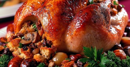 Dinde farcie entière rôtie au four, farcie aux marrons et champignons, dorée et juteuse, servie dans un plat avec oignons grelots