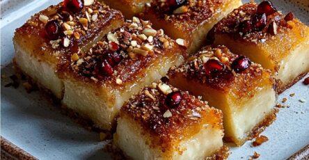 Gâteau sfouf libanais doré à la semoule et au curcuma, décoré d’amandes concassées et de graines de grenade rouges sur le dessus