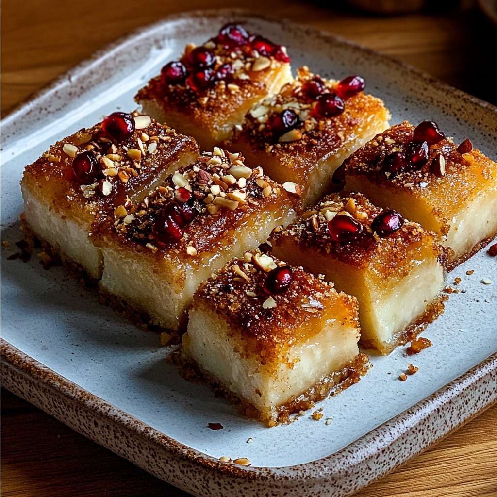 Gâteau sfouf libanais doré à la semoule et au curcuma, décoré d’amandes concassées et de graines de grenade rouges sur le dessus