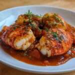 Assiette de langouste à l’armoricaine nappée de sauce tomate au vin blanc et herbes fraîches, servie avec du riz