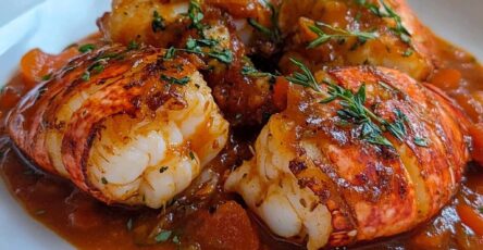Assiette de langouste à l’armoricaine nappée de sauce tomate au vin blanc et herbes fraîches, servie avec du riz