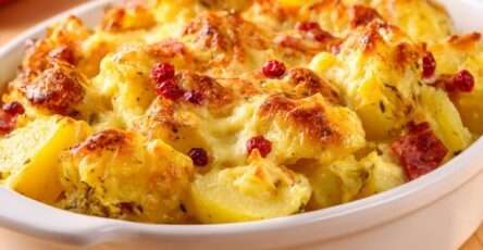 Gratin de pommes de terre doré au four avec lardons, fromage fondant et baies roses sur le dessus dans un plat à gratin