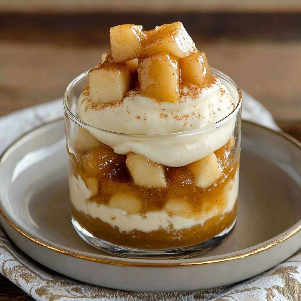 Verrines transparentes garnies de pommes caramélisées et de crème vanille onctueuse, décorées de cannelle sur le dessus