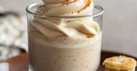 Verrine mousse transparente remplie de mousse au café onctueuse pochée à la douille, décorée de cacao en poudre avec biscuit émietté au fond