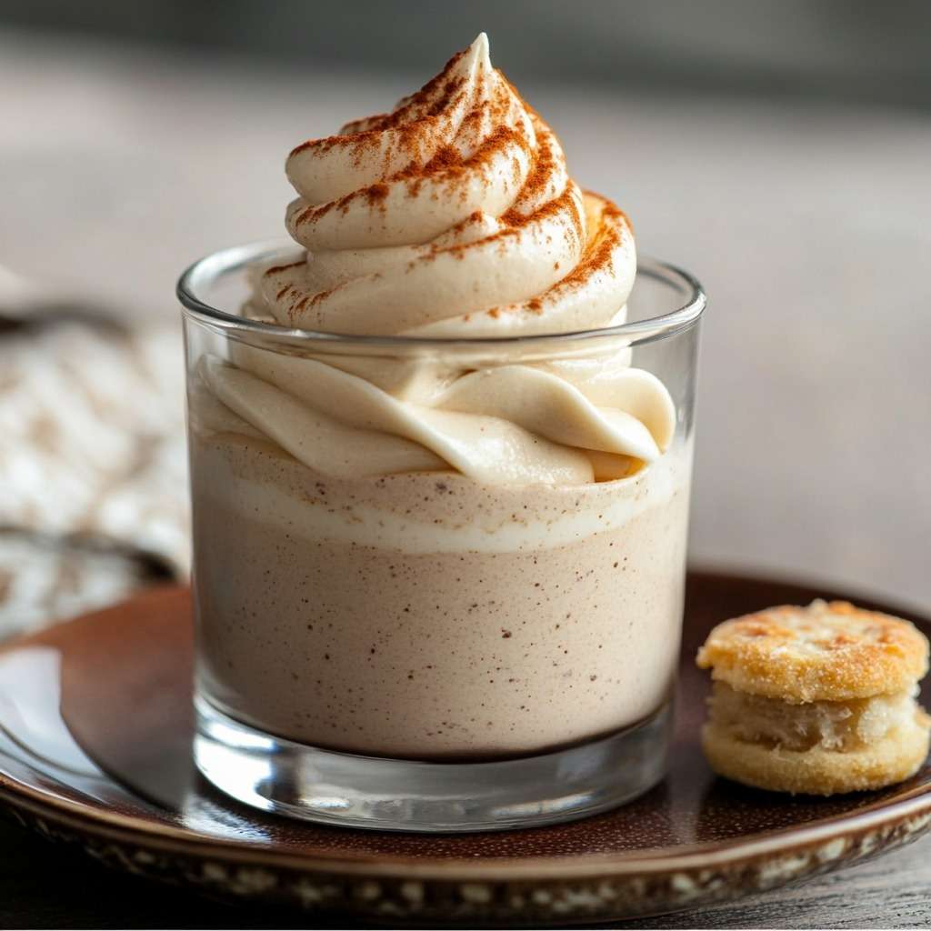Verrine mousse transparente remplie de mousse au café onctueuse pochée à la douille, décorée de cacao en poudre avec biscuit émietté au fond