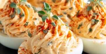 Demi-œufs mimosa garnis d’une farce crémeuse au fromage frais et saupoudrés de paprika, joliment présentés sur une assiette avec des herbes fraîches