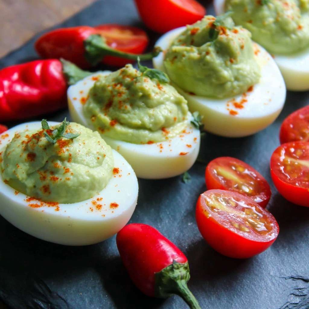 Demi-œufs mimosa garnis d’une crème verte à l’avocat, décorés de tomates cerises, herbes fraîches et paprika, joliment présentés sur un plat de service