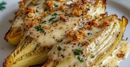 Plat d’endives gratinées nappées de sauce légère, dorées au four avec fromage râpé et chapelure, décorées de persil frais ciselé
