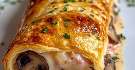 Feuilleté léger doré et croustillant garni de champignons à la crème, coupé en tranches et servi chaud avec du persil frais