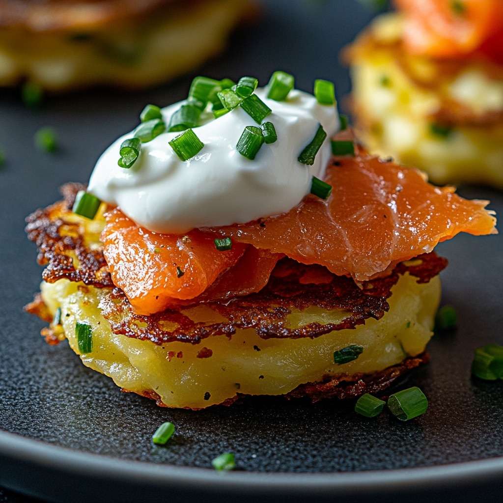 Galettes de pommes de terre dorées et croustillantes, surmontées de saumon fumé et nappées de crème à la ciboulette, servies chaudes dans une assiette